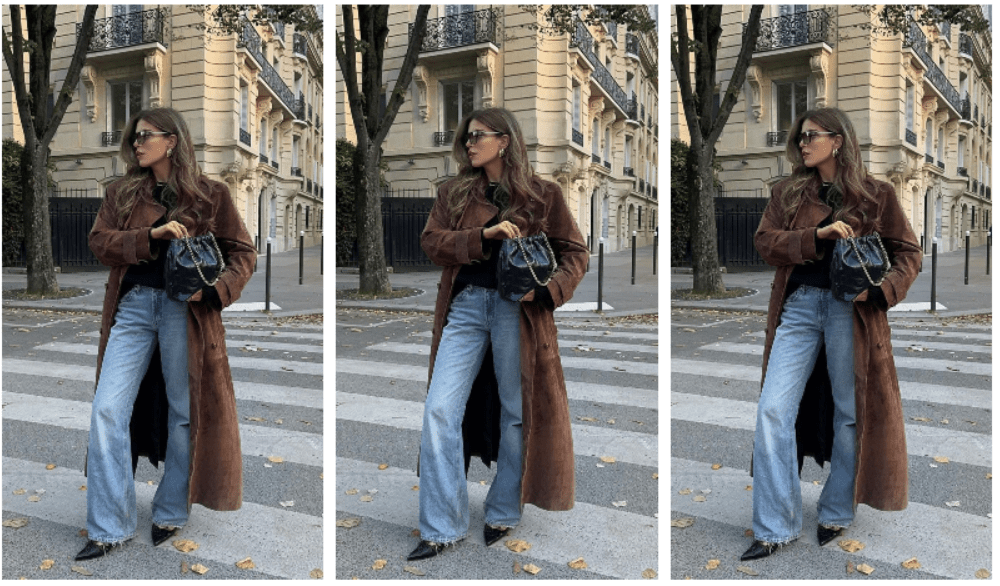 Wednesday in jeans and a maxi coat